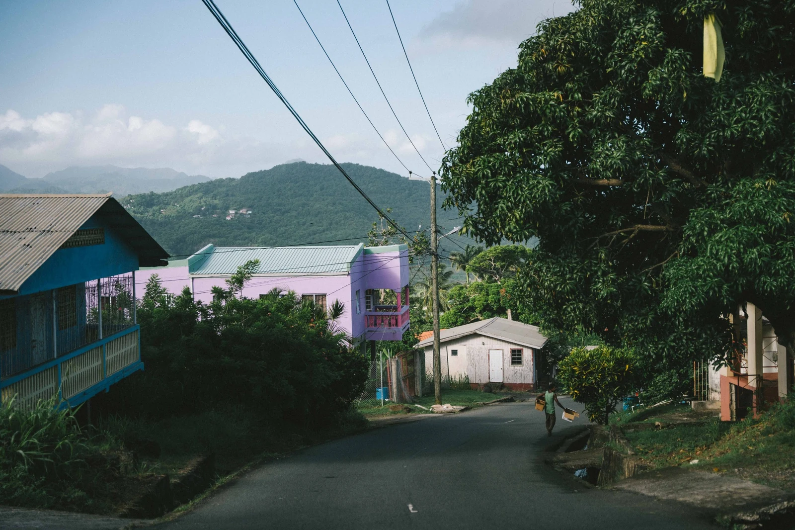 A quiet St. Lucia neighborhood road surrounded by colorful homes and green hills