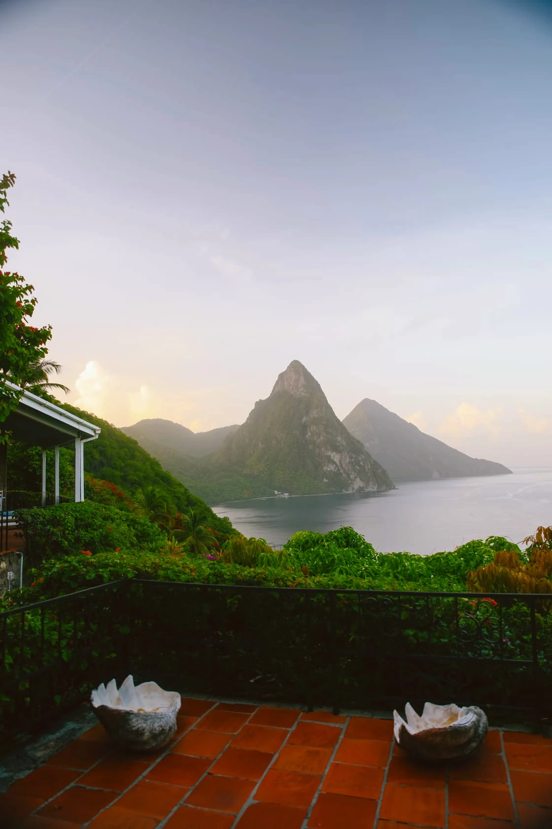 Terrace view of the Pitons and Caribbean Sea in St. Lucia